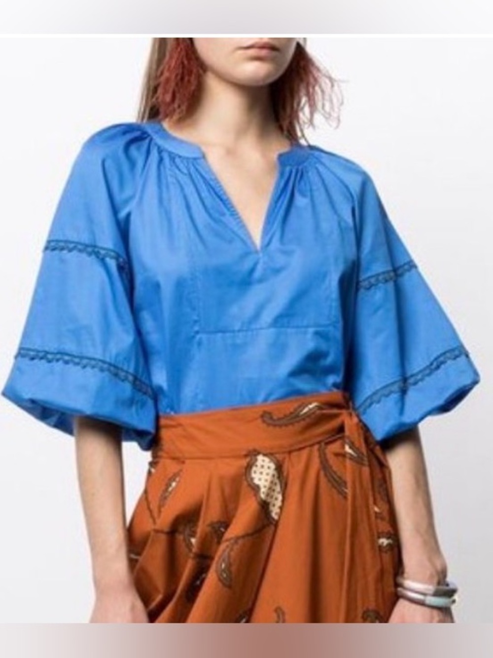Alexis Calida Blue Blouse Puff Sleeves Cotton V-neck Lightweight Large